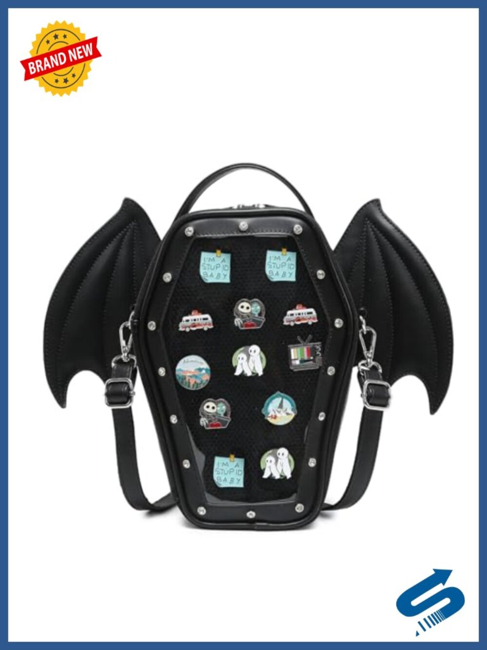 Gothic Coffin Ita Bag Backpack PU Faux Leather Crossbody Purse Pin Display